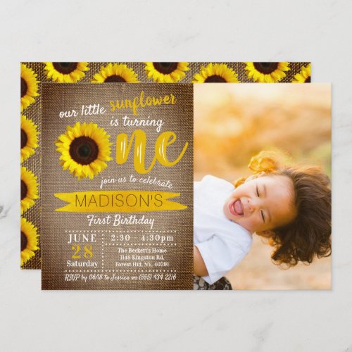 Little Sunflower Rustic Burlap 1st Birthday Photo Invitation