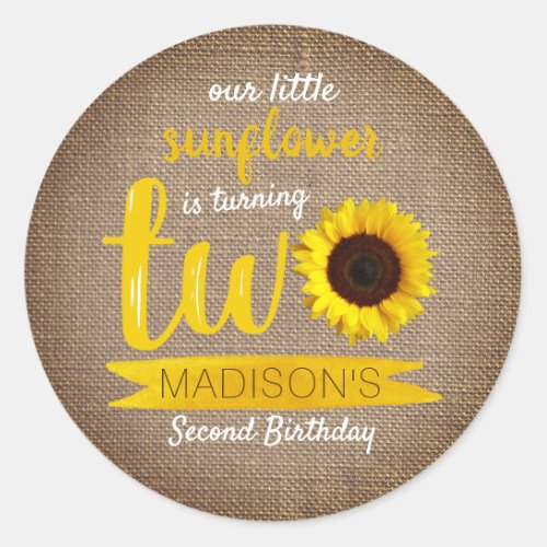 Little Sunflower Rustic Burlap 2nd Birthday Classic Round Sticker