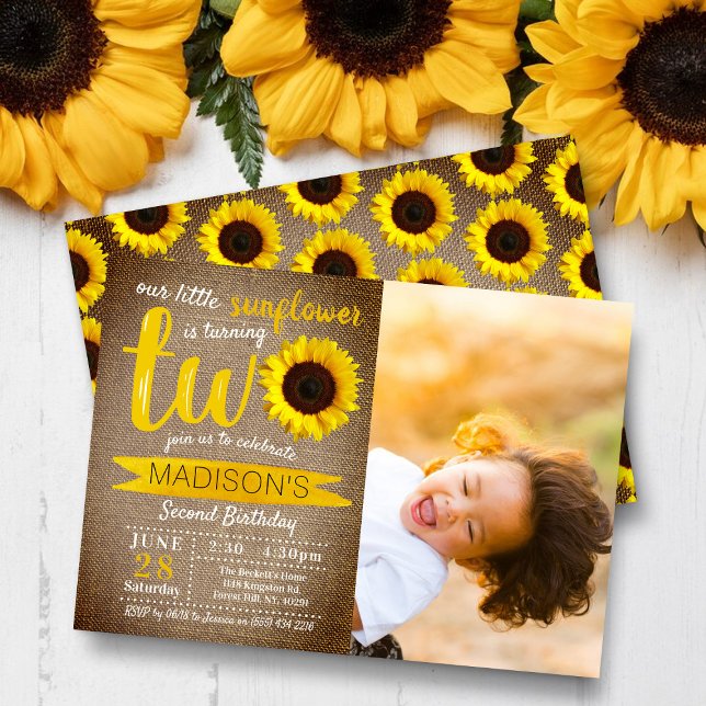 Little Sunflower Rustic Burlap 2nd Birthday Photo Invitation (Creator Uploaded)