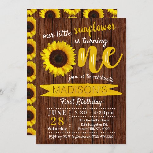 Little Sunflower Rustic Wood 1st Birthday Invitation