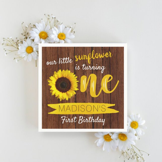 Little Sunflower Rustic Wood 1st Birthday Napkins (Creator Uploaded)