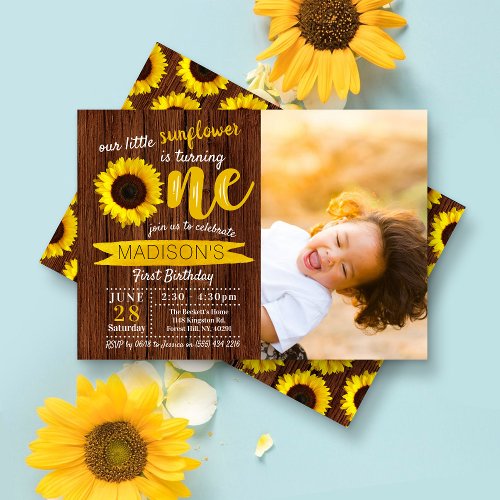 Little Sunflower Rustic Wood 1st Birthday Photo Invitation