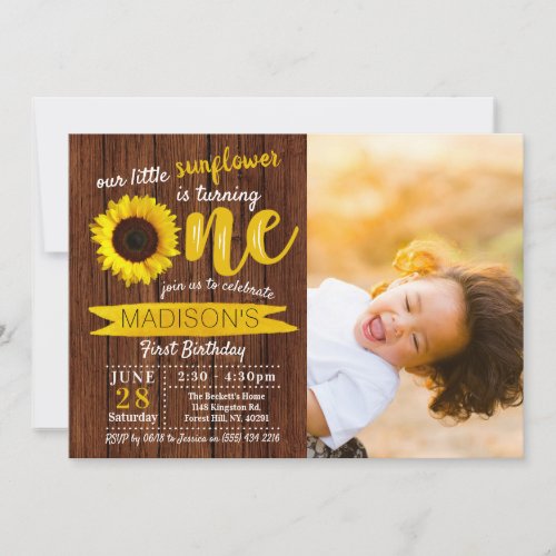 Little Sunflower Rustic Wood 1st Birthday Photo Invitation