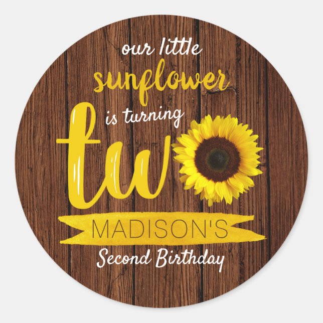 Little Sunflower Rustic Wood 2nd Birthday Classic Round Sticker (Front)