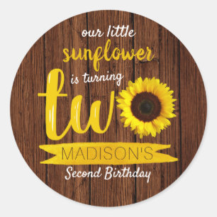 Little Sunflower Rustic Wood 2nd Birthday Classic Round Sticker