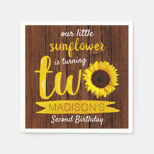 Little Sunflower Rustic Wood 2nd Birthday Napkins