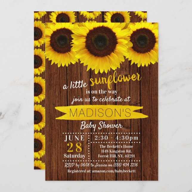 Little Sunflower Rustic Wood Baby Shower Invitation (Front/Back)