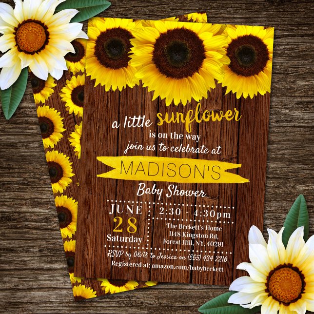 Little Sunflower Rustic Wood Baby Shower Invitation (Creator Uploaded)