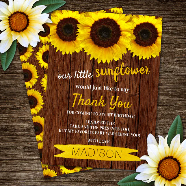 Little Sunflower Rustic Wood Birthday Thank You Card | Zazzle