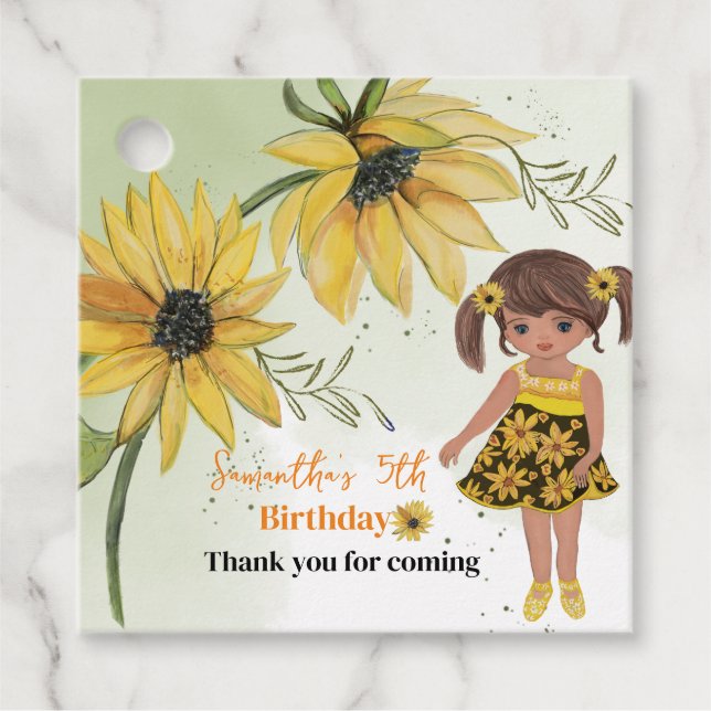 Little Sunflower Watercolor Fifth Girl Birthday Favor Tags (Front)