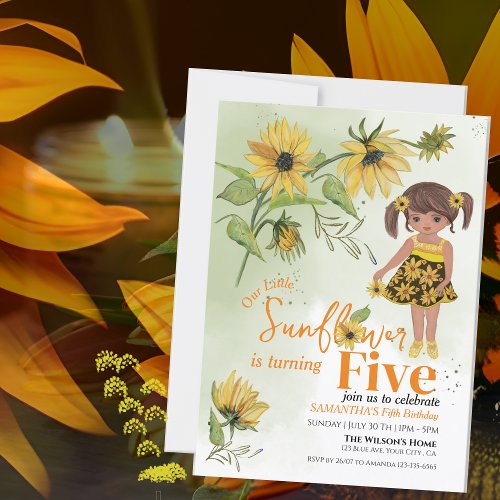 Little Sunflower Watercolor Fifth Girl Birthday Invitation