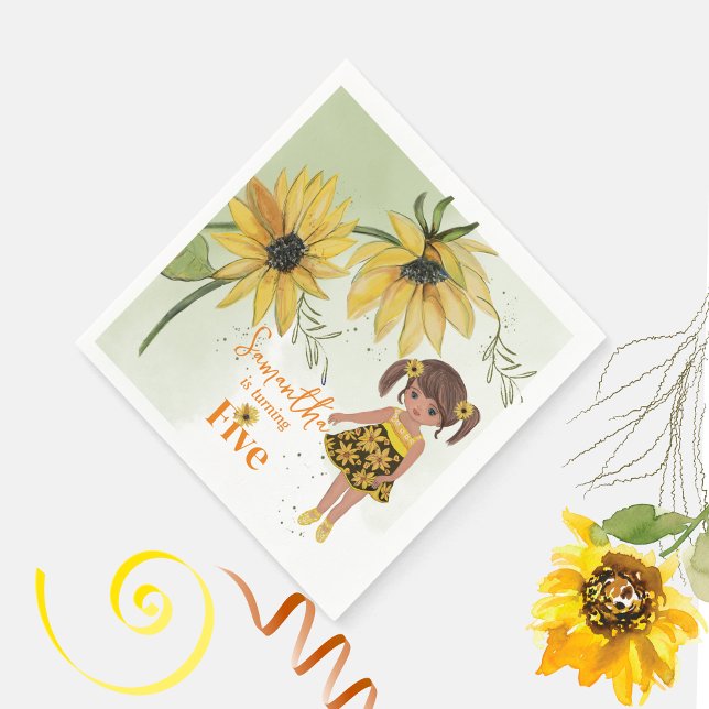 Little Sunflower Watercolor Fifth Girl Birthday Napkins (Little Sunflower Watercolor Fifth Girl Birthday Napkins)