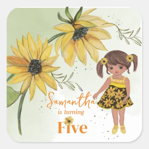 Little Sunflower Watercolor Fifth Girl Birthday Square Sticker