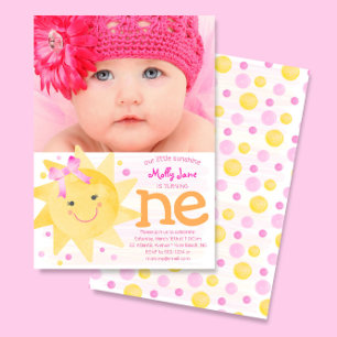 Little Sunshine 1st Birthday Girl Photo Invitation