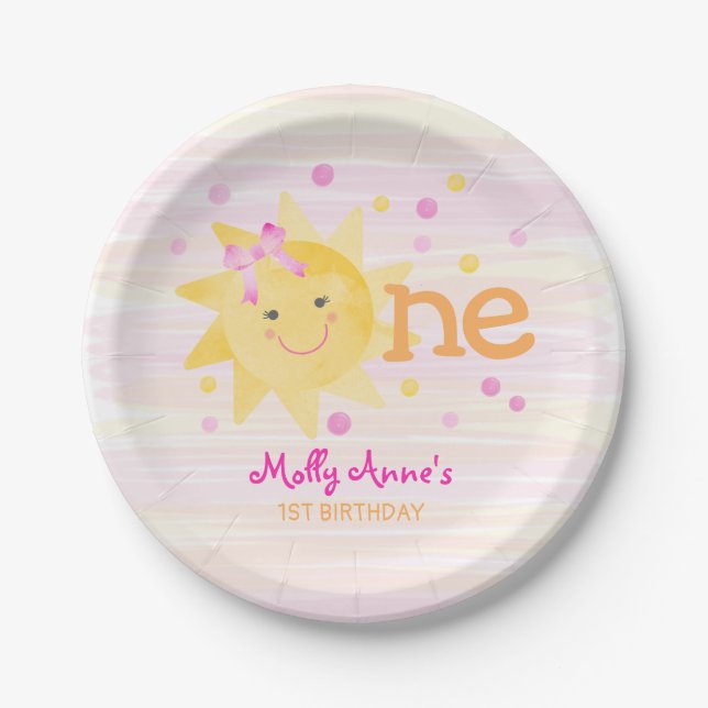 Little Sunshine 1st Birthday Girl Pink Yellow Paper Plates (Front)