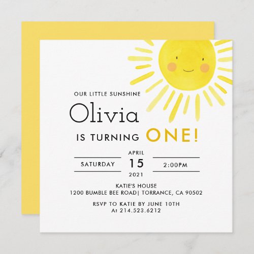 Little Sunshine 1st Birthday Party Square Invitation