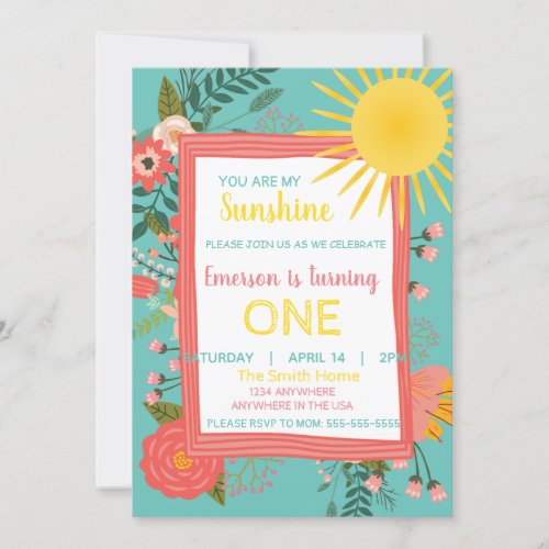 Little sunshine Birthday invitation doodle flower