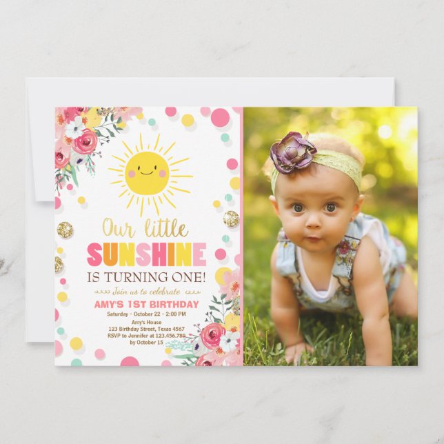Little sunshine Birthday invitation Pink Floral (Front)