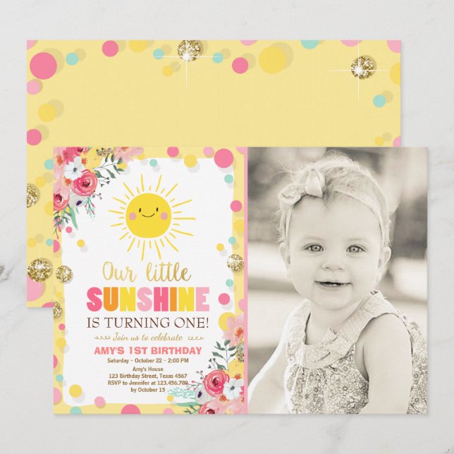 Little sunshine Birthday invitation Pink Floral (Front/Back)