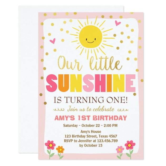 Little Sunshine Birthday Invitation Pink Gold Girl