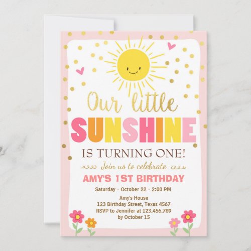 Little sunshine Birthday invitation Pink Gold Girl