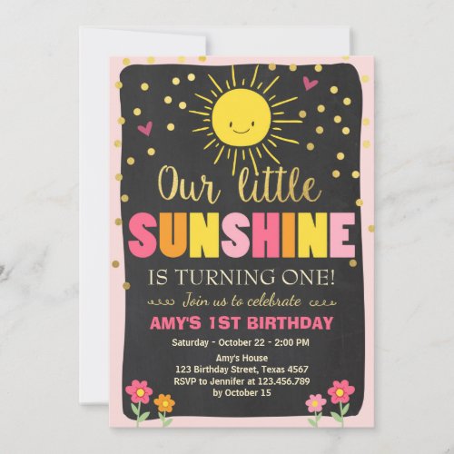 Little sunshine Birthday invitation Pink Gold Girl