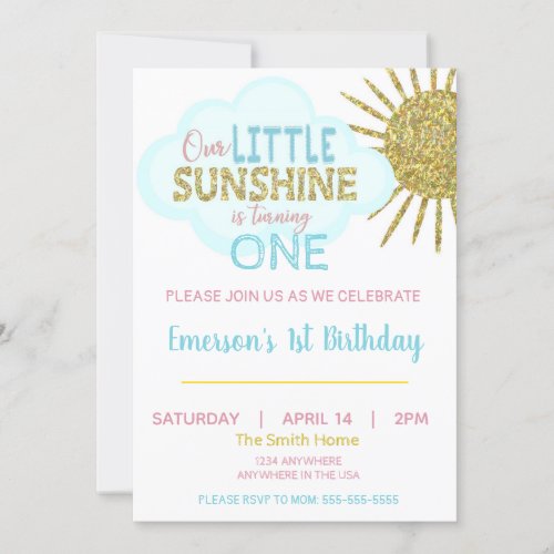 Little sunshine Birthday invitation Pink Gold Girl