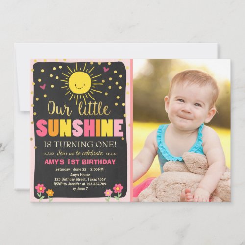 Little sunshine Birthday invitation Pink Gold Girl