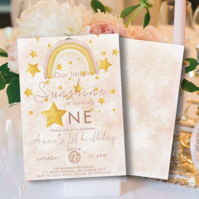 Little Sunshine Boho Rainbow Gold Star Birthday Invitation (Creator Uploaded)