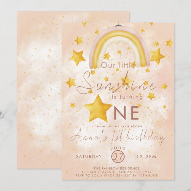 Little Sunshine Boho Rainbow Gold Star Birthday Invitation (Front/Back)