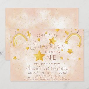 Little Sunshine Boho Rainbow Gold Star Birthday Invitation