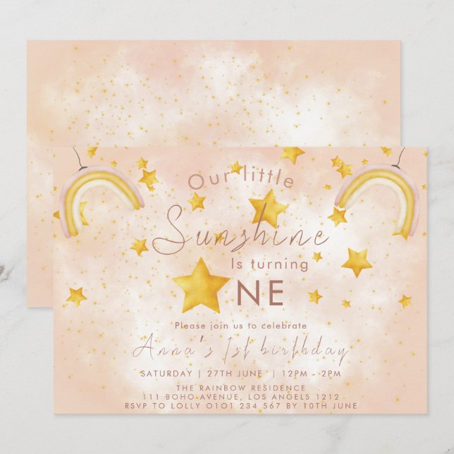 Little Sunshine Boho Rainbow Gold Star Birthday Invitation (Front/Back)