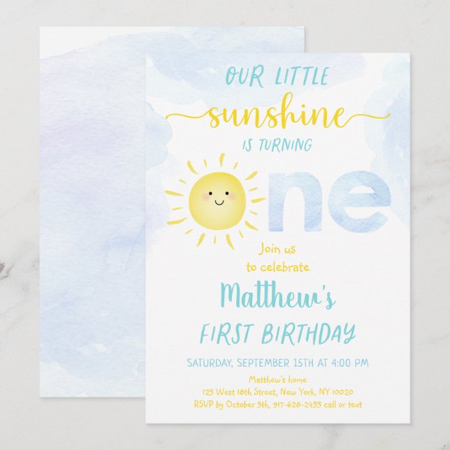 Little Sunshine Boy First Birthday Invitation (Front/Back)