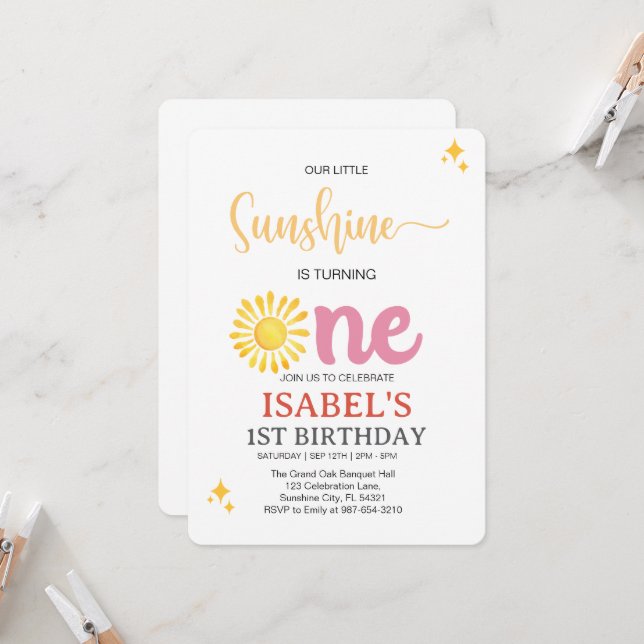  Little Sunshine First birthday,Sunshine 1st Birth Invitation (Front/Back In Situ)