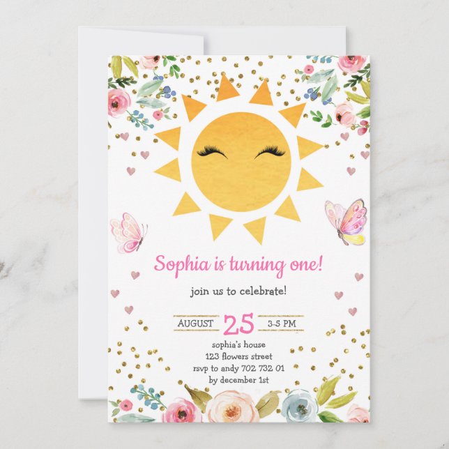 Little Sunshine Floral Cute Girl First Birthday Invitation (Front)