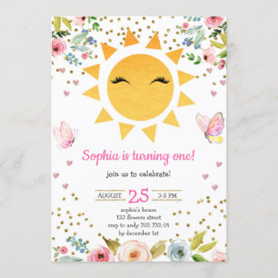 Little Sunshine Floral Cute Girl First Birthday Invitation