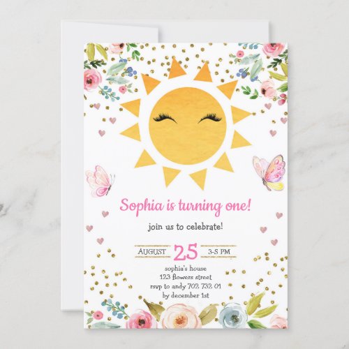 Little Sunshine Floral Cute Girl First Birthday Invitation