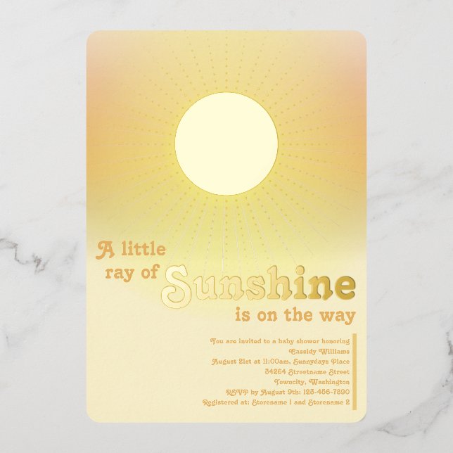 Little Sunshine Gold Sun Baby Shower Foil Invitati Invitation (Front)