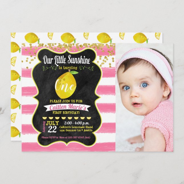 Little Sunshine Lemon Birthday Photo Invitation (Front/Back)