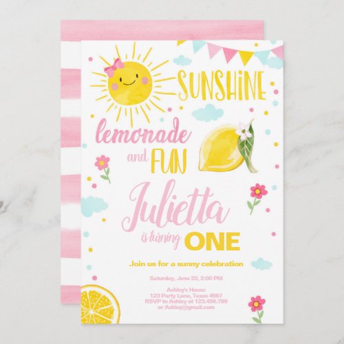 Little Sunshine Lemonade Pink Girl Lemon Birthday Invitation