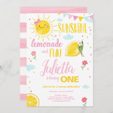 Little Sunshine Lemonade Pink Girl Lemon Birthday Invitation