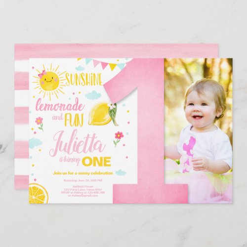 Little Sunshine Lemonade Pink Girl Lemon Birthday Invitation