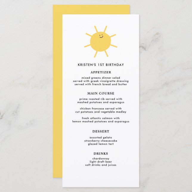 Little Sunshine Party  Menu (Front/Back)
