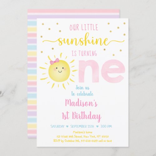 Little Sunshine Pastel Pink Gold First Birthday Invitation