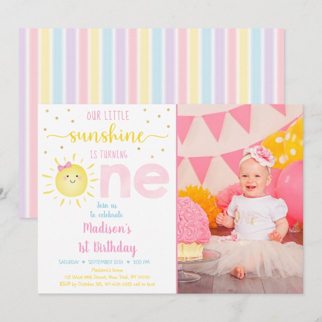 Little Sunshine Pastel Pink Gold First Birthday Invitation (Front/Back)