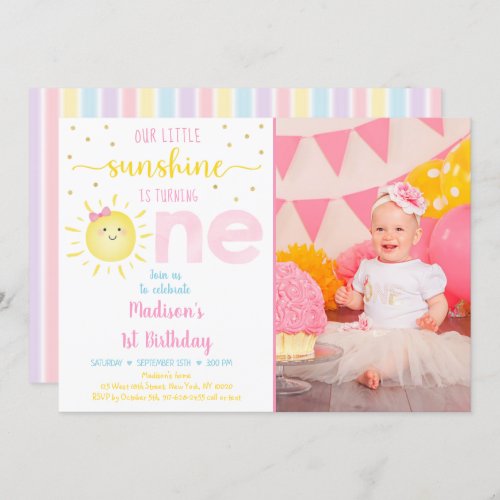 Little Sunshine Pastel Pink Gold First Birthday Invitation