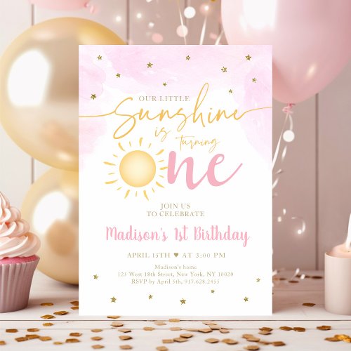Little Sunshine Pink Gold 1st Birthday Invitation
