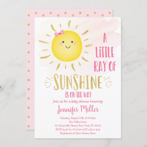 Little Sunshine Pink  Gold Baby Shower Invitation
