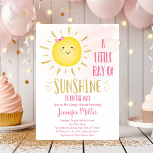 Little Sunshine Pink  Gold Baby Shower Invitation