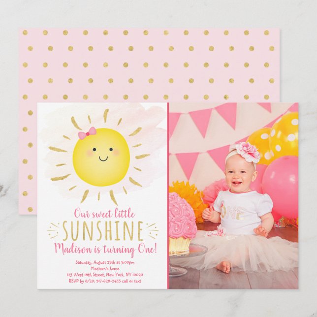 Little Sunshine Pink & Gold Birthday Invitation (Front/Back)